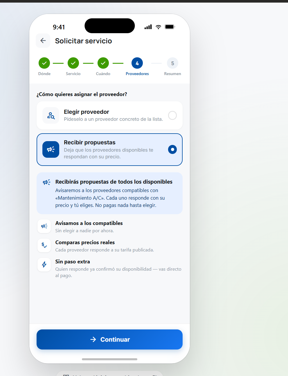 Pantalla para elegir cómo asignar un proveedor