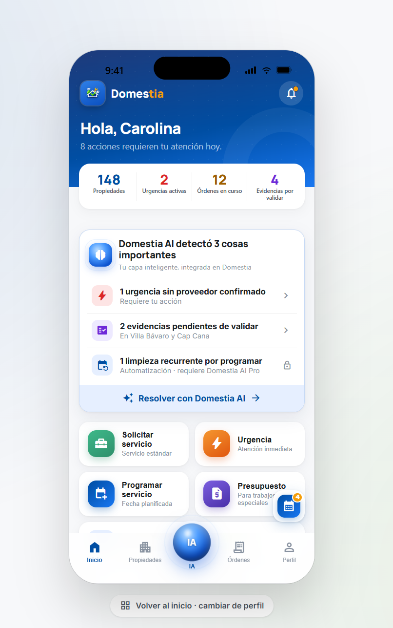 Pantalla de inicio de DomestIA con propiedades, órdenes y recomendaciones de inteligencia artificial