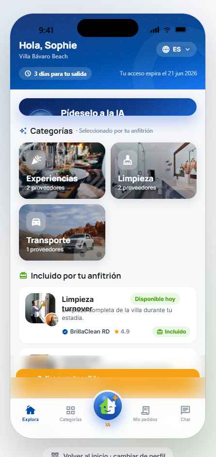 Pantalla del espacio para huéspedes con experiencias, servicios incluidos e inteligencia artificial