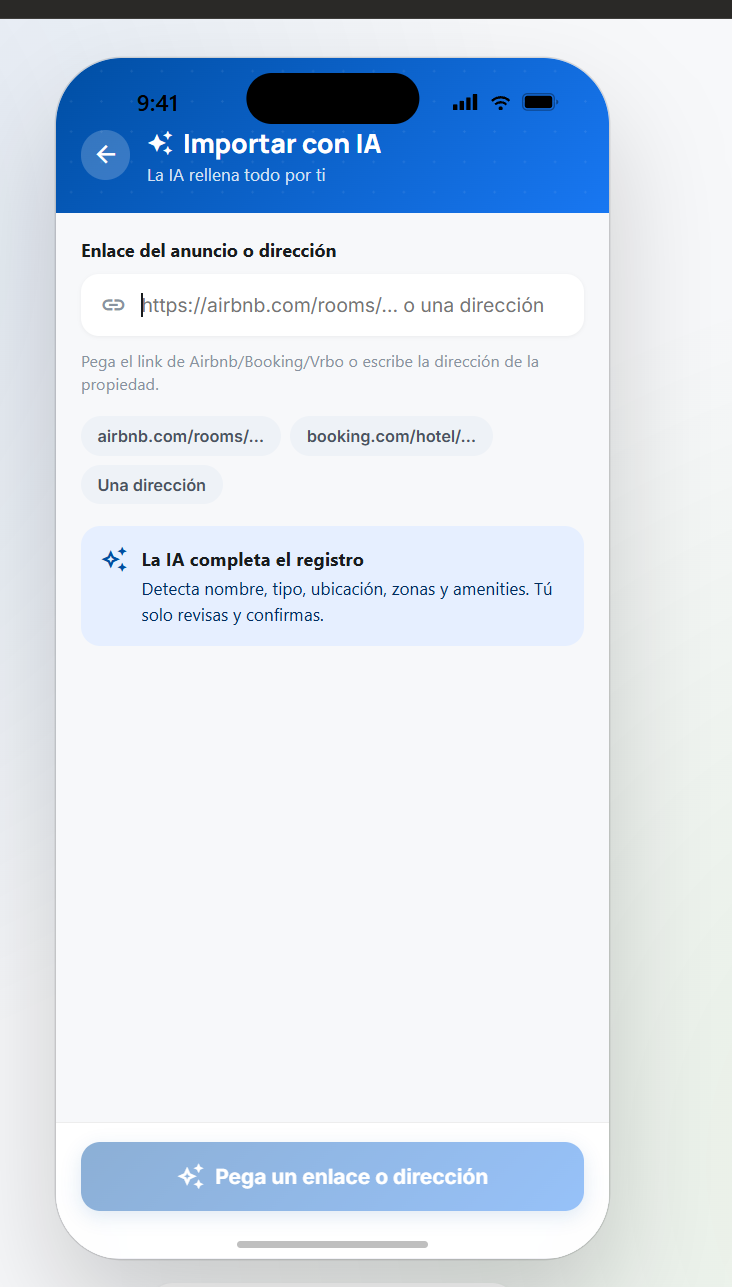 Pantalla real para importar una propiedad con inteligencia artificial