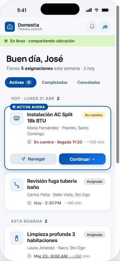 Pantalla de asignaciones activas y próximas de un trabajador