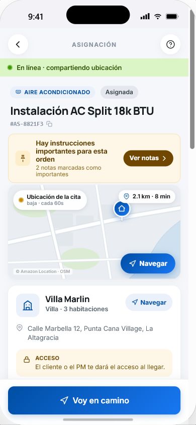 Detalle de una orden asignada en la aplicación del trabajador